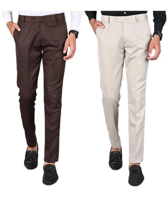 MANCREW - Beige Polycotton Slim - Fit Mens Formal Pants ( Pack of 2 ) - None