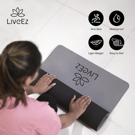 LiveEZ Anti-Skid Lightweight with perfect grip TPE Yoga Mat for Men and Women with Carry Bag (6mm, Grey & Black color)