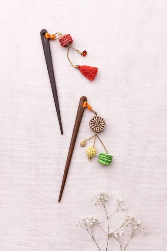 Multicoloured Crochet & Block Hair Sticks (Pair)