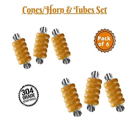 Magnusdeal 6 Pcs DIY Non-Stick Stainless Steel Baking Tubes Set. Spiral Horn Pastry Cream Roll Tubes/Mold/Cannoli Forms/Croissant Shell Metal Ice Cream Roll/Funnel Shape/Kitchen/Party