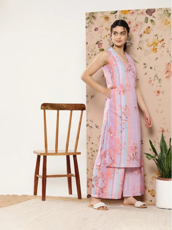 Women Lavender Floral Printed Gotta Patti Kurta with Palazzos & With Dupatta