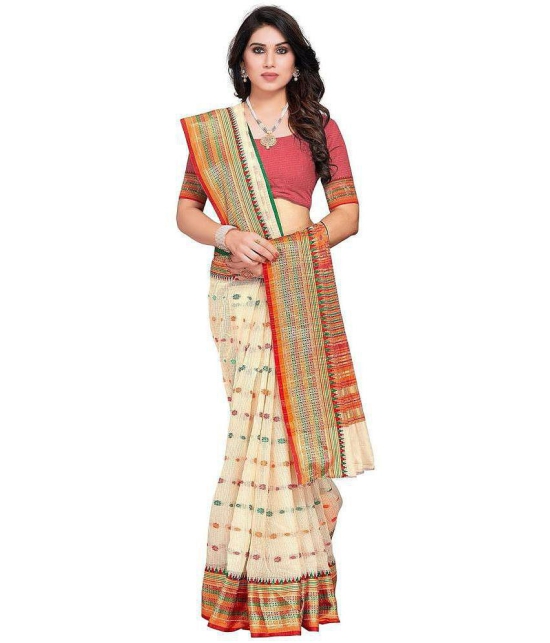 Rangita Women Small Checks Woven Cotton Silk Saree with Blouse Piece - Cream - Cream