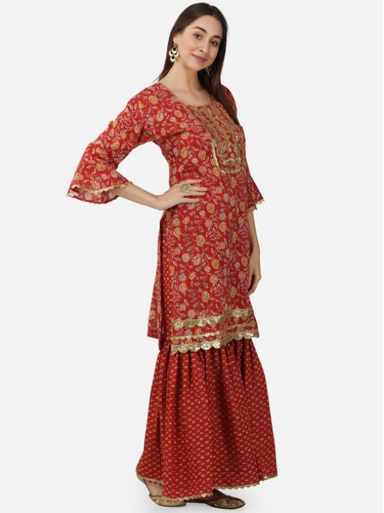 Women Floral Printed Sequinned Bell Sleeve Pure Cotton Kurta with Sharara