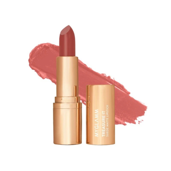 Treasure IT Suede Matte Lipstick - Smitten Kitten (Light Chestnut Brown Shade) | Long Lasting, Non Drying Bullet Lipstick With Vitamin E, Cocoa Butter (4.2g)