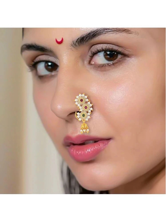 Traditional Maharashtrian Style Micron Plated CZ Nath Nose Ring For Women And Girls - Green