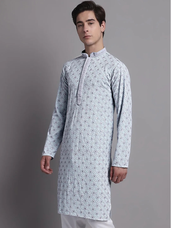 Men's Blue Chikankari Embroidered and Sequence Kurta-S / Blue