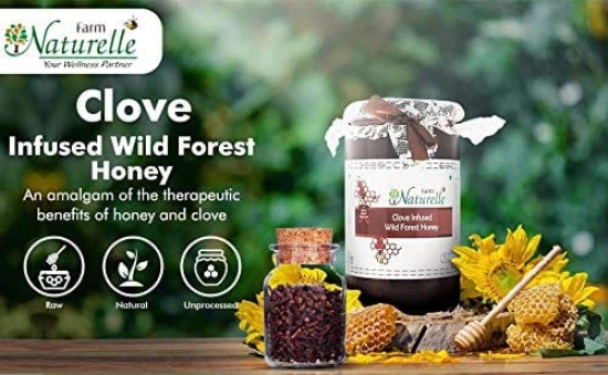 Farm Naturelle-Raw Natural Ayurvedic Unprocessed Tulsi Forest Flower Honey with Huge Medicinal Value and Clove Infused Forest (Jungle) Honey-(700gm+75gm Extra+Wooden Spoons.) x 2 Sets.