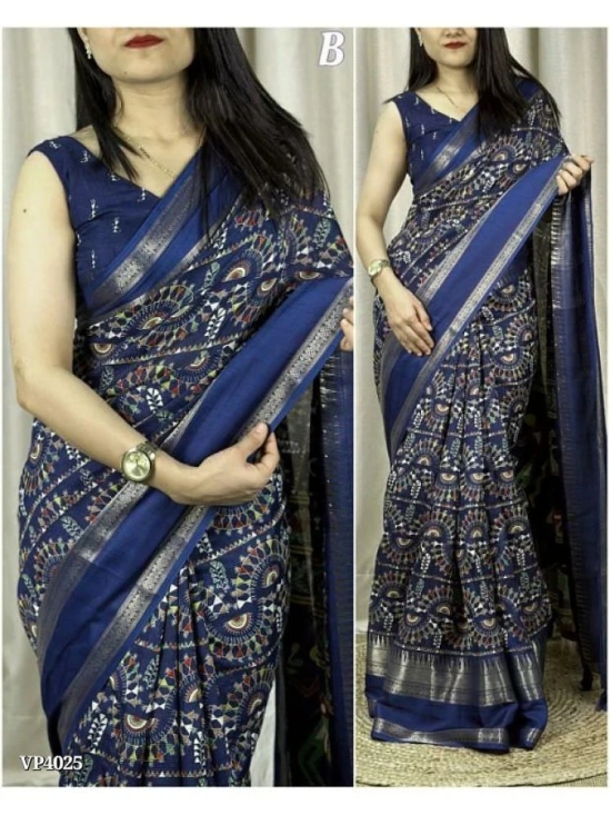 Bhuwal Fashion Art Silk Printed Saree With Blouse Piece - Navy Blue ( Pack of 1 ) - Navy Blue