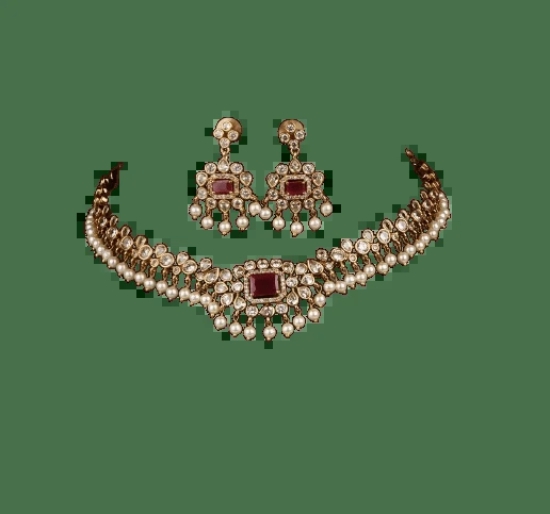 Ruby and Diamond Choker Necklace Set with Pearls