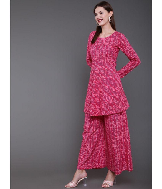 Antaran Cotton Printed Kurti With Palazzo Women''s Stitched Salwar Suit - Pink ( Pack of 1 ) - None