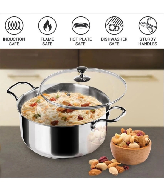 Milton Pro Cook Stainless Steel Sandwich Bottom Casserole with Glass lid, 20 cm / 3.3 Liters, Silver | Induction | Flame Safe | Dishwash safe | Sturdy Handle - Silver