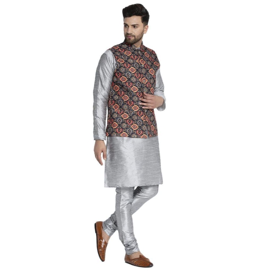 Banity Bey Men's Silk Blend Silver Kurta Pajama with Designer Ethnic Nehru Jacket/Modi Jacket/Waistcoat