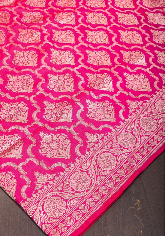 Pink Dual tone Pure Katan Silk Banarasi Saree with Persian Trellis Jaal Weave | SILK MARK CERTIFIED