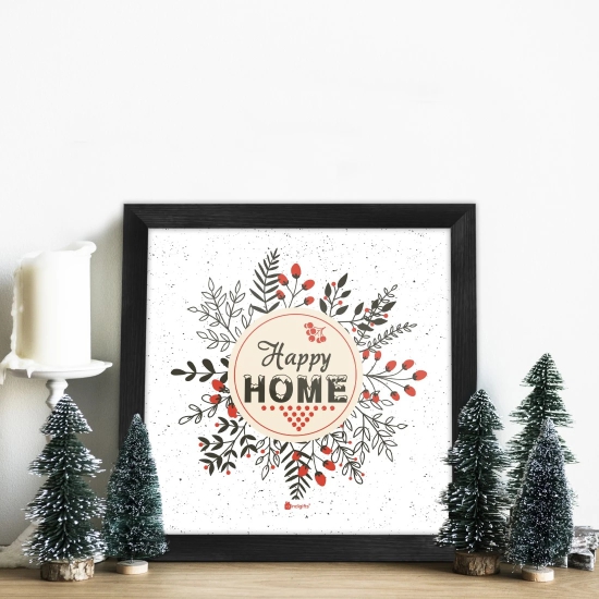 Indigifts Christmas Gifts Happy Home Printed White Poster Frame 10x10 inches - Christmas Decorations for House, Xmas Decorations, Poster with Frame