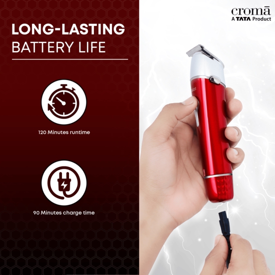 Croma Cordless Wet & Dry Trimmer for Beard and Hair for Men (120mins Runtime, Water Resistant, Red)