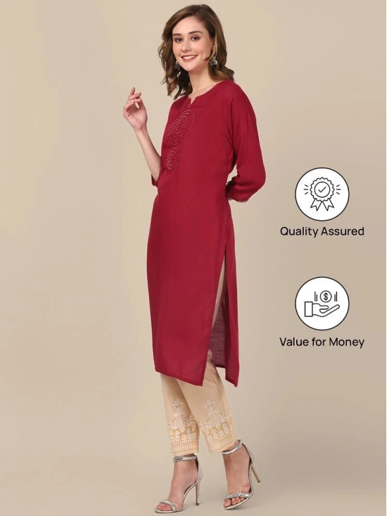 Rangita Women Rayon Maroon Yoke Embroidered Calf Length Straight Kurti - None