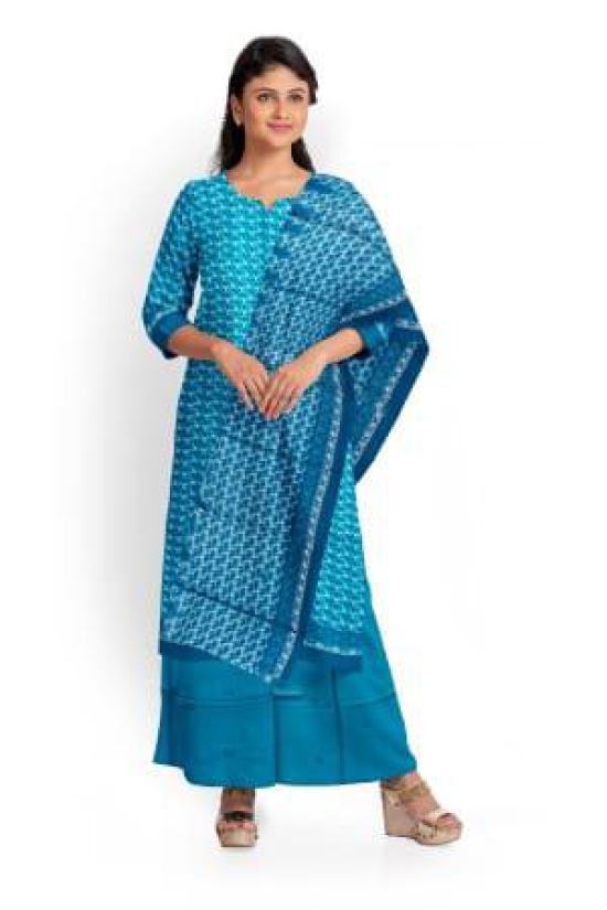 Blue Cotton Salwar Suit Fabric with Cotton Dupatta