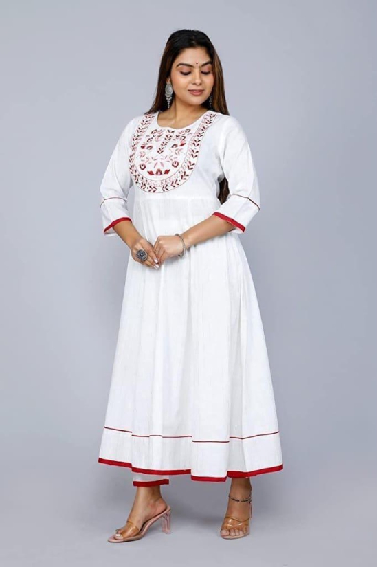 Monika Fashion Women Rayon Fabric Designer White Color Anarkali Kurta