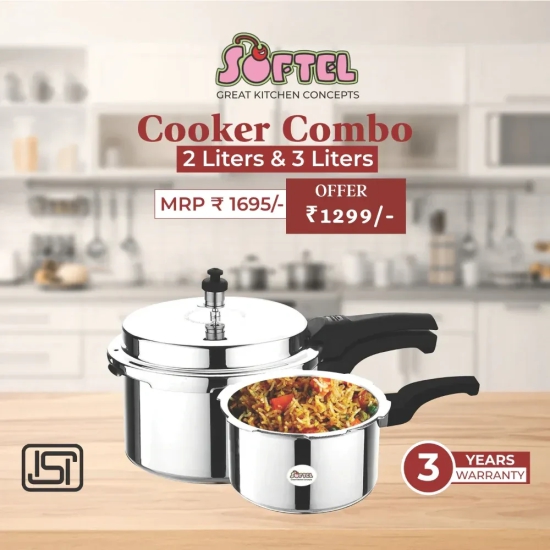 Softel Pressure Cooker Combo - 2 Litres and 3 Litres with Common Lid | Silver