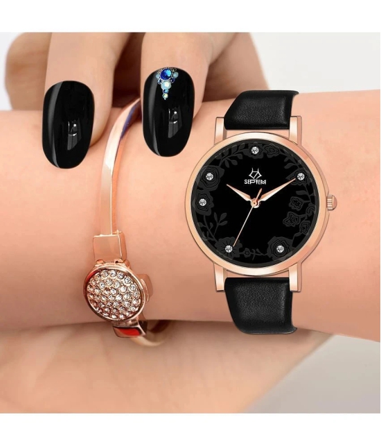 Septem Black Leather Analog Womens Watch