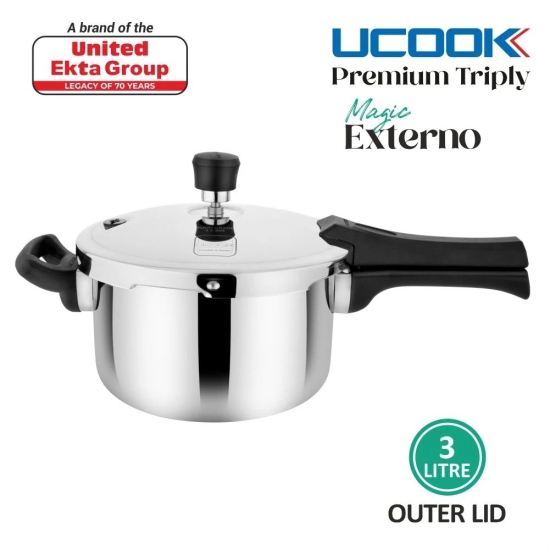 UCOOK By United Ekta Engg. Magic Externo Premium Triply Induction Outer Lid Pressure Cooker, 3 Litre, Silver