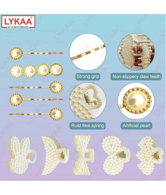 Lykaa Stylish Fancy Pearl Hair Clips, Rhinestone Crystal Golden Hair Pins (Pack of 10) Multicolor - Multi