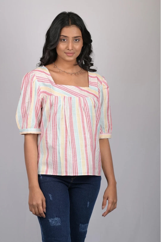 Magic cotton for women western wear Light Pink Striped Top With Square Neck (OTL-TPS1069)-Pink / S