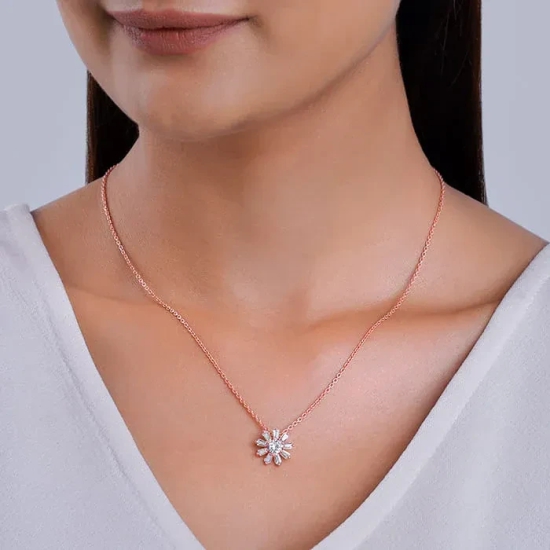 Rose Gold Baguette Flower Pendant with Link Chain