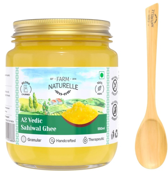 Farm Naturelle-A2 Desi Ghee Cow from Grass Fed Sahiwal Cows | Vedic Bilona Method-Curd Churned-Golden | Grainy & Aromatic, Keto Friendly, Non-GMO | Glass Jar- 500ml+50ml Extra and a Wooden Spoon.