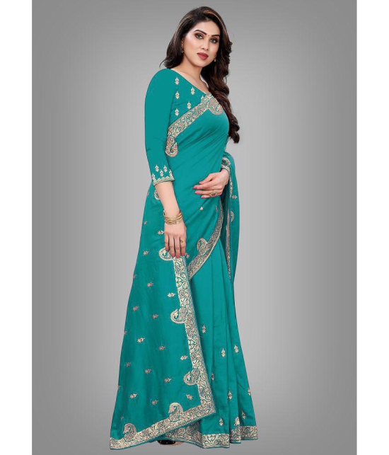 Om Shantam Sarees - Turquoise Silk Blend Saree With Blouse Piece ( Pack of 1 ) - Turquoise