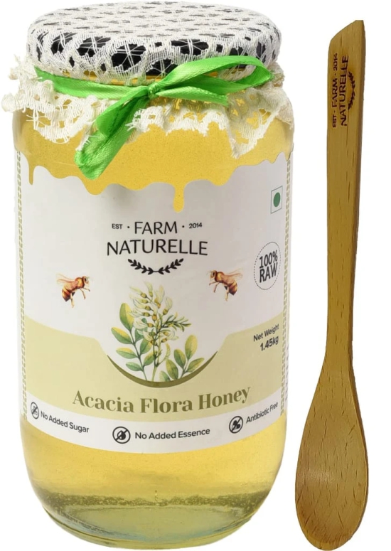 Farm Naturelle-Acacia Flower Wild Forest Honey| 1450gm and a Wooden Spoon| 100% Pure Honey, Raw Natural Un-Processed - Un-Heated Honey | Lab Tested in Glass Bottle.