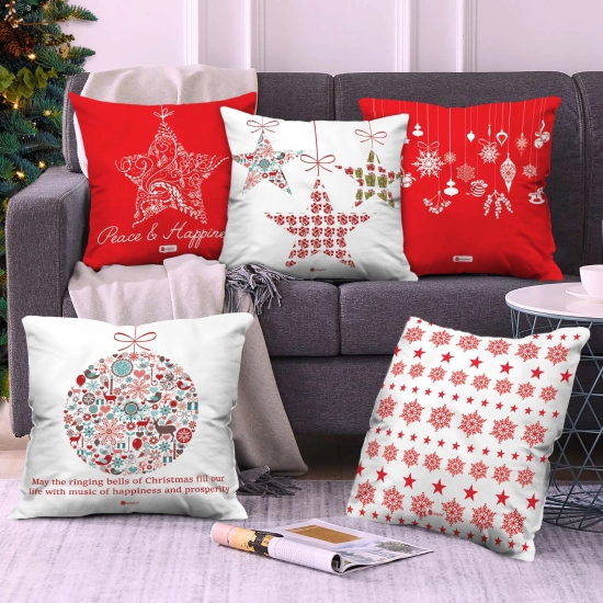 Indigifts Christmas Cushion Covers Merry Christmas Printed Set Of 5 Pillow Covers 12X12 Inches with Filler - Christmas Decorations For House, Xmas Gift Idea For Friends/ Family/ Office Colleague