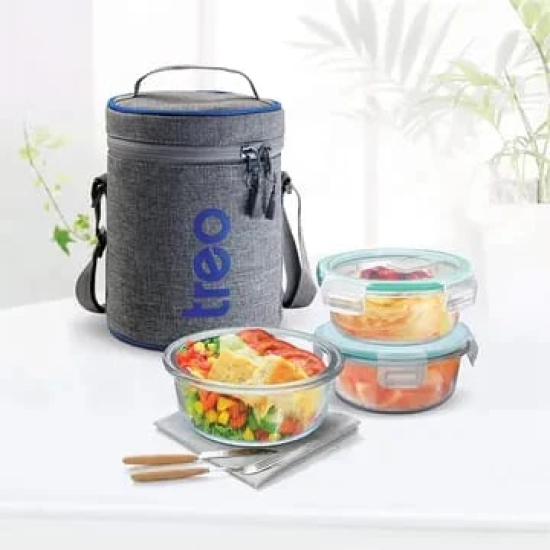 Treo All Fresh 400ml Glass Round Tiffin with Lid (Set of 3, BPA Free, Transparent)