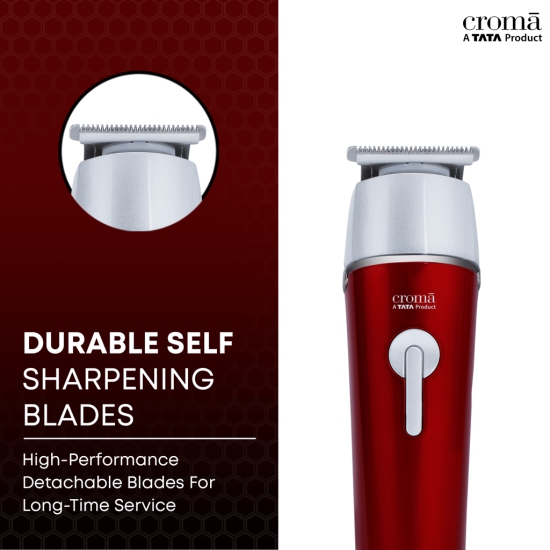 Croma Cordless Wet & Dry Trimmer for Beard and Hair for Men (120mins Runtime, Water Resistant, Red)