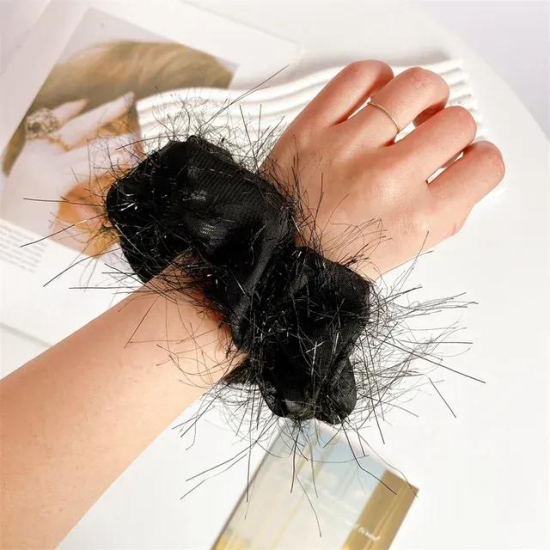 Silk scrunchie with furry detail-Black