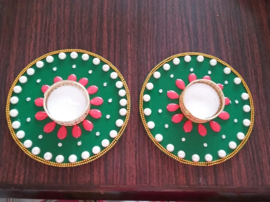 Exquisite Handcrafted Green and Red Pearl Diya Set