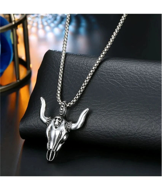 Fashion Frill Silver Chain For Men Stainless Steel Bull Design Silver Chain Pendant With Silver Kada Bracelet For Men Boys Jewellery Combo - None