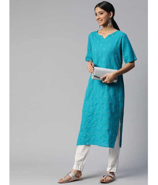 SVARCHI - Turquoise Cotton Women's Straight Kurti ( Pack of 1 ) - None