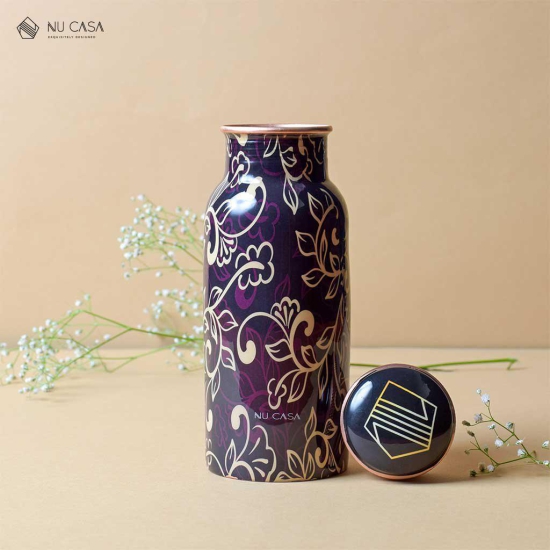 Purple Floral Print Pure Copper Bottle - 500 ML