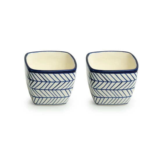 Indigo Chevron Duo Handpainted Ceramic Cuboidal Table Planter Pots (3.7 Inch, Set of 2)of 2)