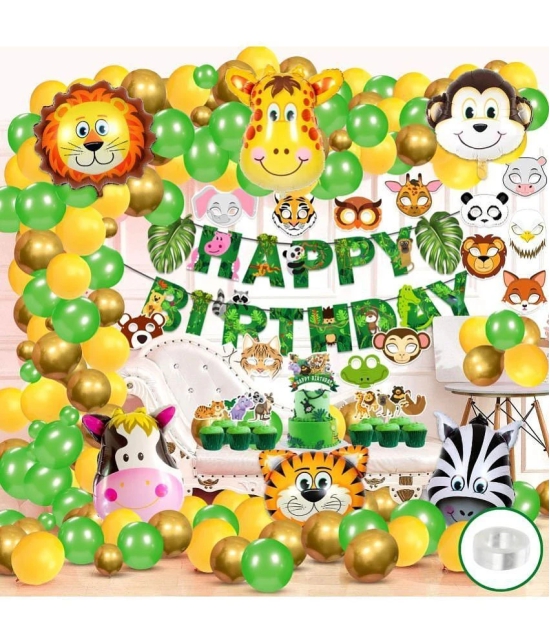 Zyozi Jungle Safari Happy Birthday Decoration Combo - Birthday Decoration Banner with Balloons, Cake Topper, CupCake Topper, Sticker and Foil Balloons (Pack of 102) - Multicolor