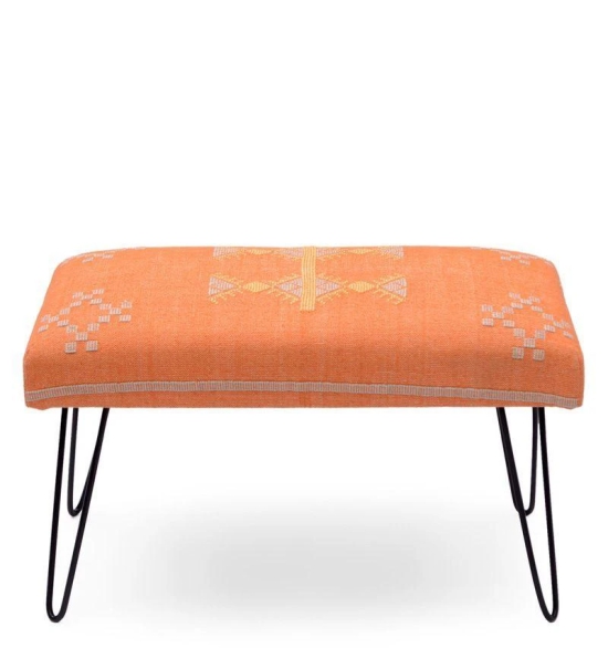 Mango Wood Bench In Cotton Orange Colour With Metal Legs-Orange