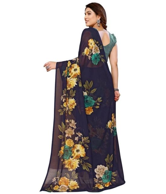 Anand Georgette Printed Saree With Blouse Piece - Navy Blue ( Pack of 1 ) - Navy Blue