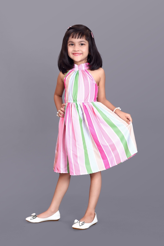 Kids Girls Knee Length Striped Multicolour Design Festive/Wedding Fit & Flare Dress-5 - 6 Year