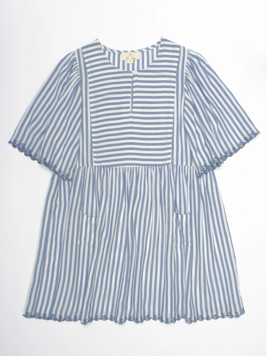 Eleonore Beautiful Flower Embroidery Girls Dress - Blue Stripes-12-13Y / Blue Stripes