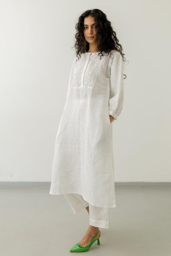 Pristine White linen kurta-M