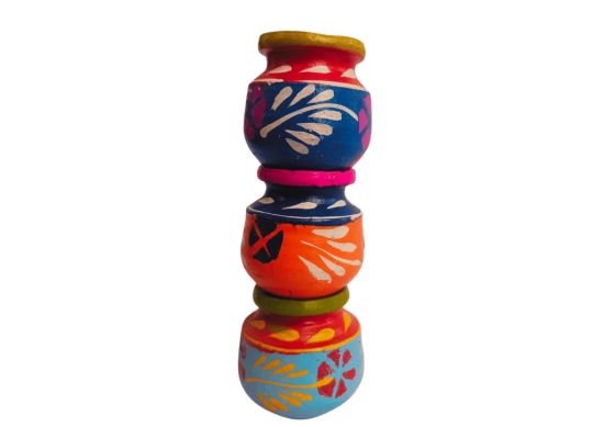 Set of 3 Handmade Colorful Clay Pots with Traditional Indian Design - Decorative Items