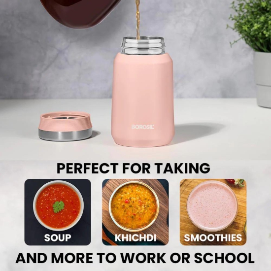 Borosil Carry Mate 500 ML Stainless Steel Vacuum Insulated Soup Flask & Food Jar with Screw Lid | 12 Hrs Hot & Cold | Pink | 1 Pc