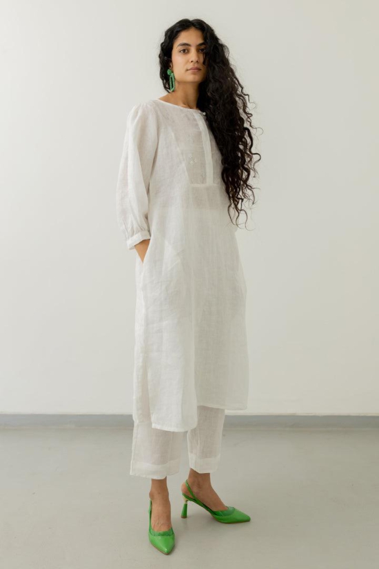 Pristine White linen kurta-M