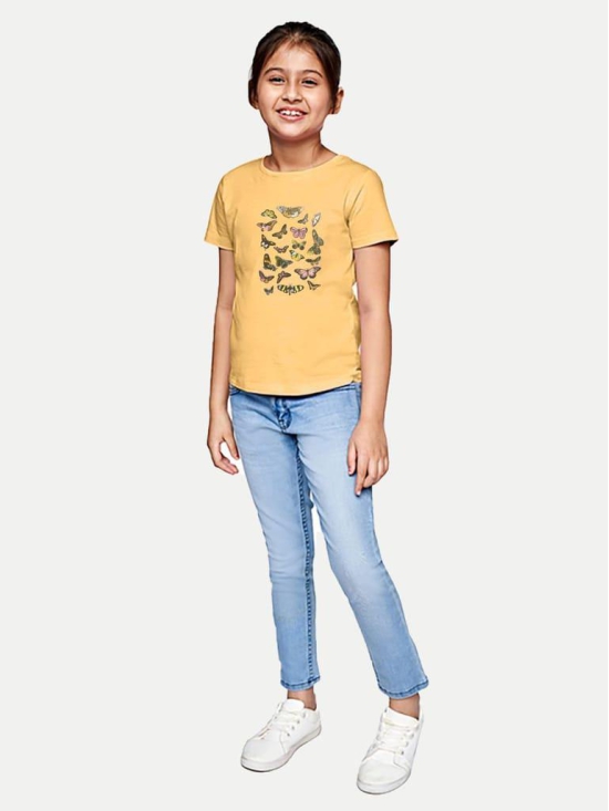 Girls Mustard Printed Crew Neck T-Shirt